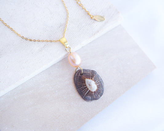 Front view of Striped Limpet Shell Rose Pearl Necklace on display, Dark Limpet Shell from Portugal with freshwater pearl and gold chain. 