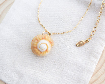 Sunny Magus Top Shell Necklace on display. A gold chain necklace with a delicate orange seashell pendant. The seashell is a orange in colour with a white interior. It's a handpicked magus top shell from the beach of Portugal.