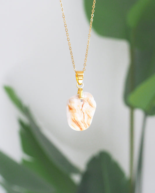Gold Necklace with Mediterranean Cockle Shell Piece front view, Sunny Shell Necklace from Portugal