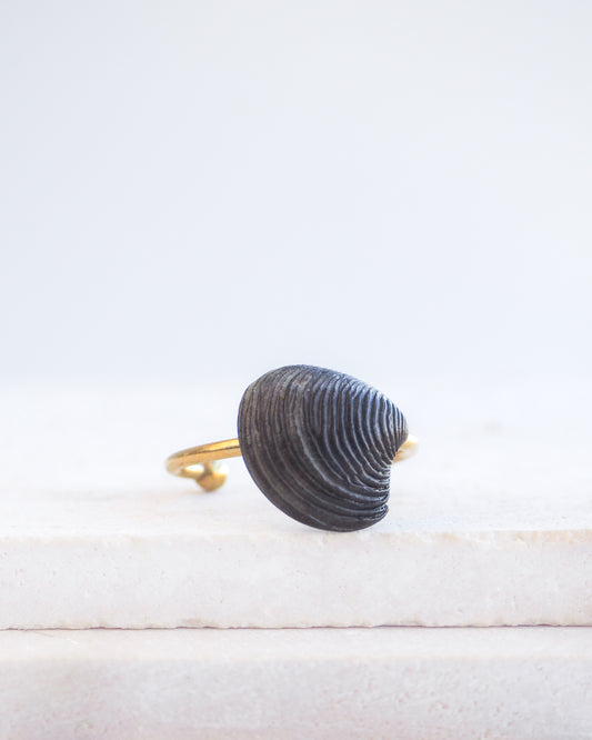 Tiny Black Venus Shell Gold Ring displayed on stone front view, Handpicked real black venus shell from Portugal, adjustable 18k gold stainless steel shell ring