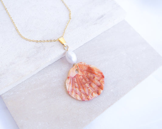 Tiny Coral Scallop Shell Pearl Necklace on display, Pilgrims Scallop Shell from Portugal with freshwater pearl and gold chain. 