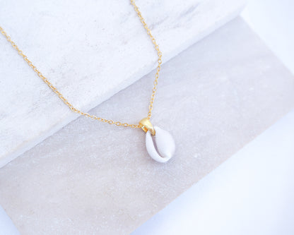 Tiny Cowrie Shell Gold Necklace, European Cowrie Shell Necklace, Trivia monacha shell, Portuguese cowrie shell jewelry