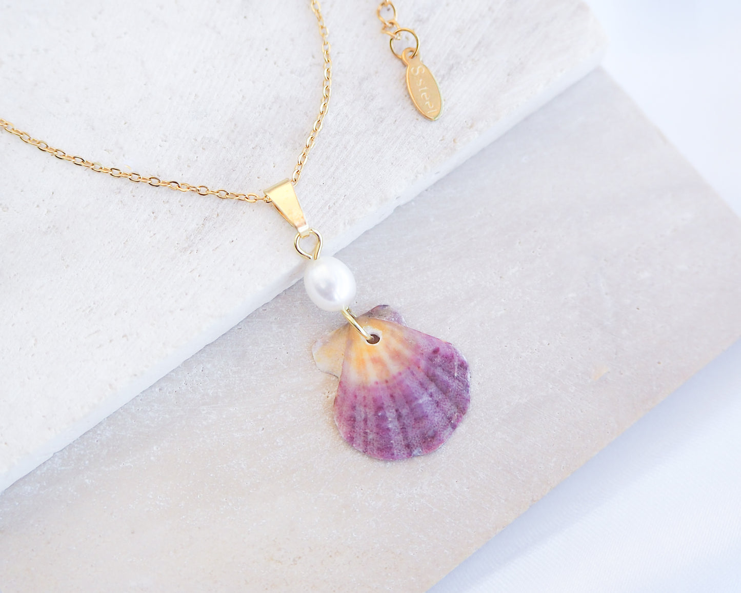 Tiny Fuchsia Pink Scallop Shell Pearl Gold Necklace on display, Fuchsia Scallop Shell from Portugal, Algarve, Sea by Lou, Shell and freshwater pearl necklace