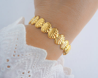 Adjustable Tiny Gold Shell Bangle Bracelet, Gold Shell Bracelet on hand model