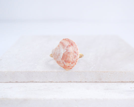 Tiny Marble Venus Shell Ring from Portugal displayed on stone, Marble Pink shell on gold ring, handpicked real shell from Portugal
