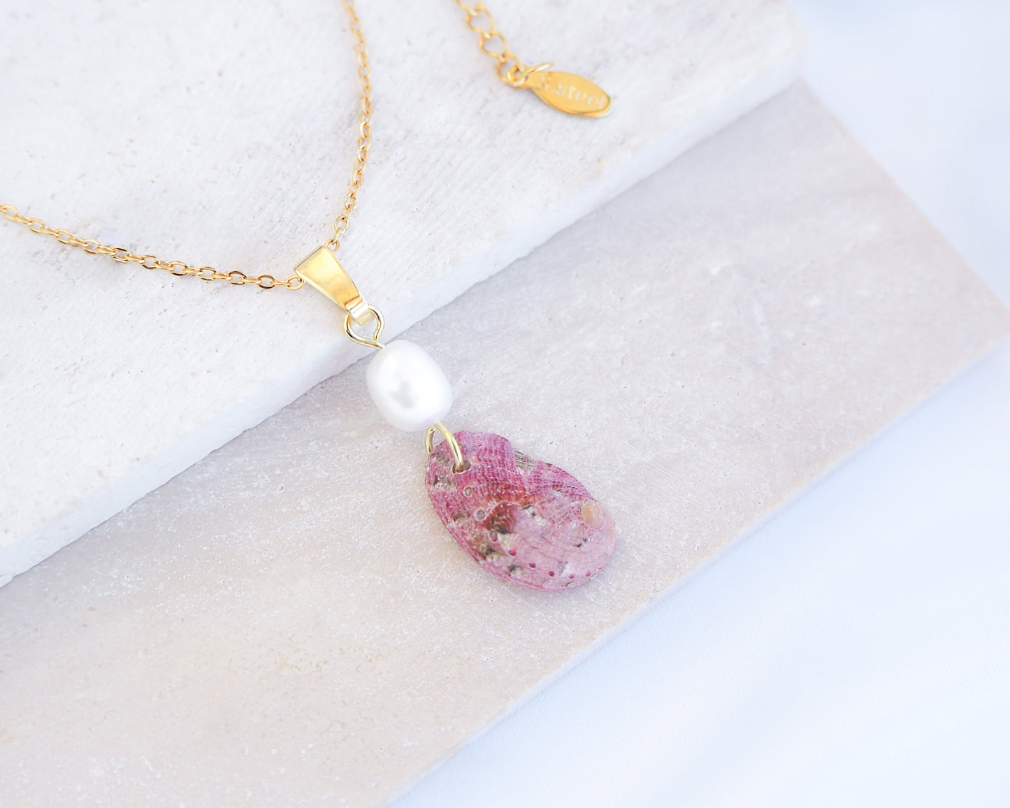 Tiny Pink Abalone Shell Pearl Gold Necklace on display, Tiny Abalone Shell from Portugal, Green Ormer Shell, Sea by Lou, Shell and freshwater pearl necklace