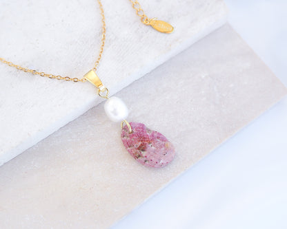 Tiny Pink Abalone Shell Pearl Gold Necklace on display, Tiny Abalone Shell from Portugal, Green Ormer Shell, Sea by Lou, Shell and freshwater pearl necklace