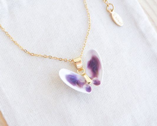 Tiny Purple White Coquina Butterfly Shells Gold Necklace on display
