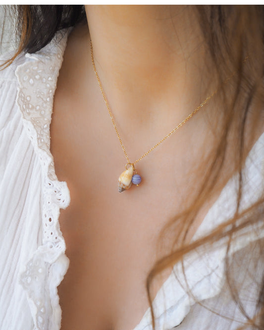 Tiny Light Rustic Dove Shell with Angelite Gemstone Gold Necklace on neck model
