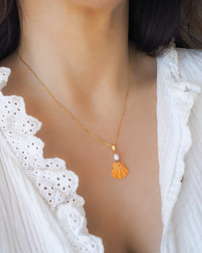 Tiny Orange Scallop Shell Pearl Gold Necklace on model, Orange Scallop Shell from Portugal, Algarve, Sea by Lou, Shell and freshwater pearl necklace