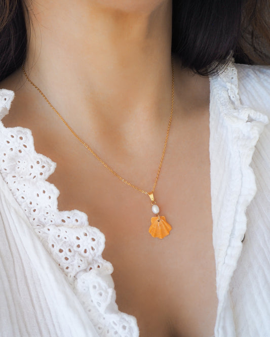 Tiny Orange Scallop Shell Pearl Gold Necklace on model, Orange Scallop Shell from Portugal, Algarve, Sea by Lou, Shell and freshwater pearl necklace