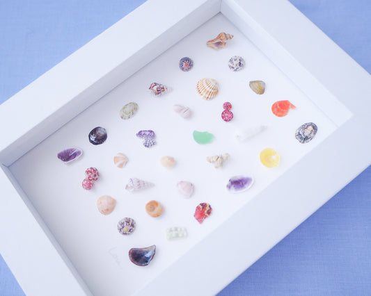Side view of Seashell Artwork Mini Mix featuring 30 tiny beach treasures and shells handpicked from Portugal set in a white glass frame box. Coastal Beach Art for bookshelf. seabylou, SEA by LOU