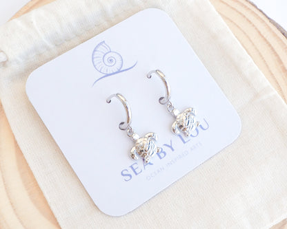 Tiny Turtle Hoop Earrings 925 sterling silver on display, 14k gold vermeil 925 sterling silver tiny ocean earrings, beach girl jewelry, sea by lou, mix and match beach earrings 
