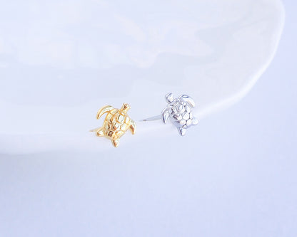 Gold and Silver Tiny Turtle Stud Earrings front view