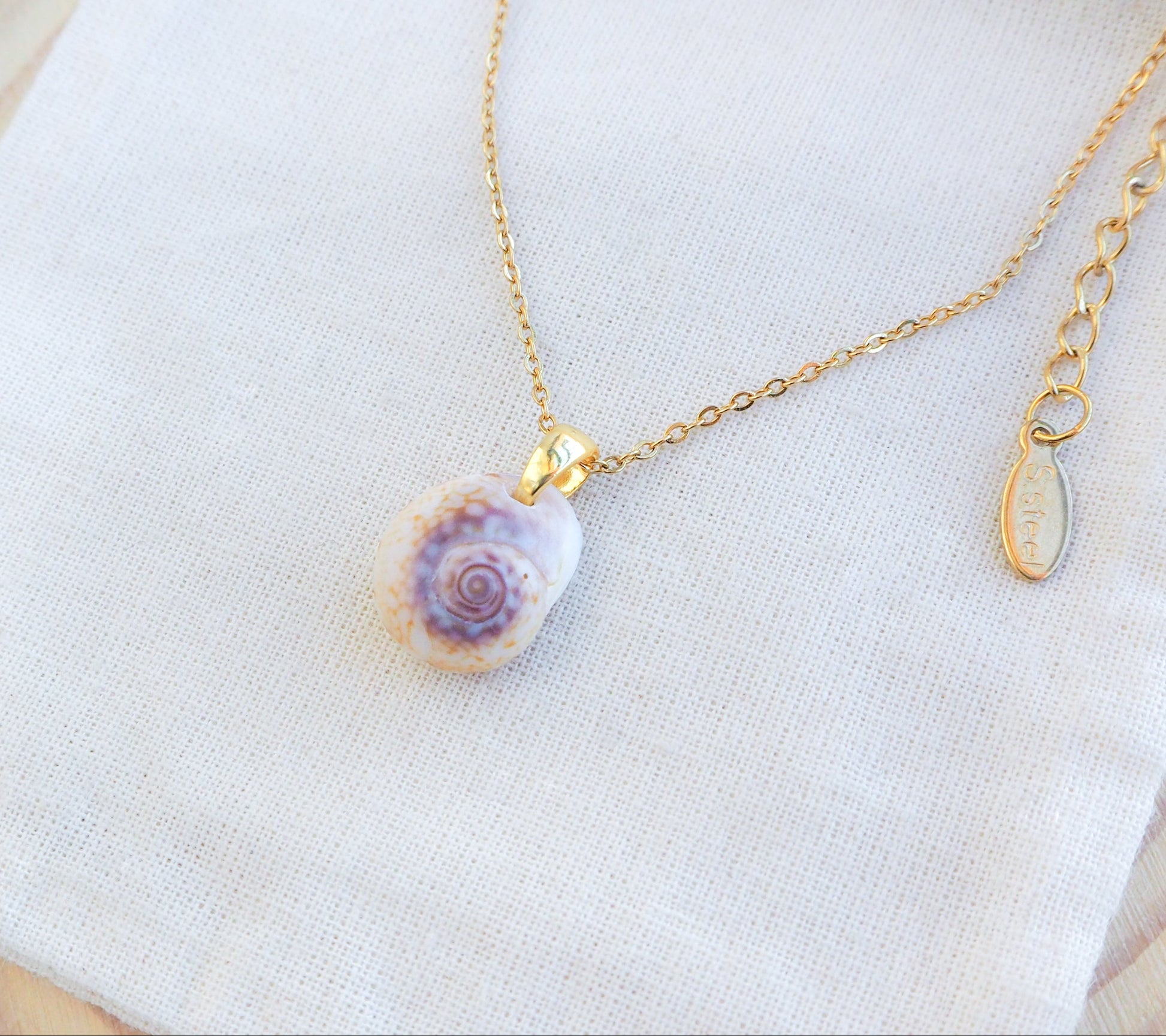 Tritia Neritea Shell Gold Necklace on display, handpicked shell from Portugal