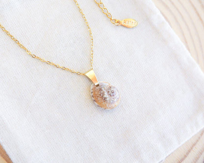 Close up of Tritia Neritea Shell Necklace on display, handpicked tritia neritea shell from Portugal, 18k gold stainless steel necklace chain 