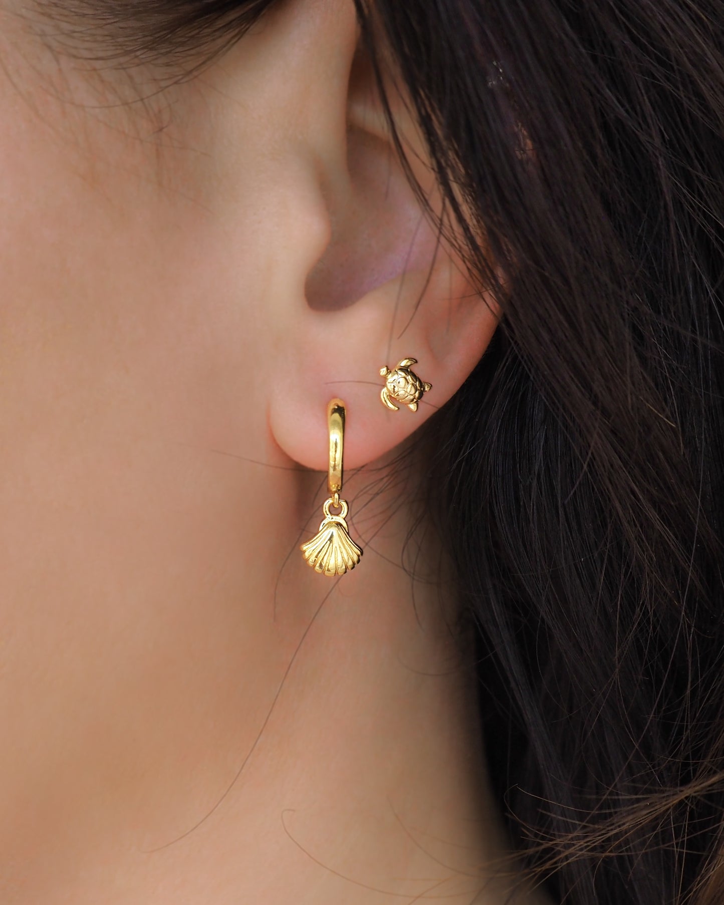Close up of Gold Tiny Turtle stud earrings and gold shell hoop earrings, turtle studs, turtle stud earrings in ear model