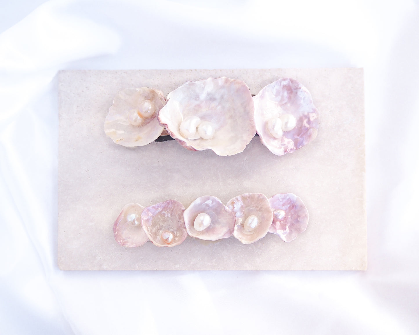 Two Jingle Shell Pearl Hair clip. pearly shell Hair Clip Barrette on stone displayed, Boho Seashell Beach Clip from Portugal, Handpicked Real Shells, Seashell Hair Decoration, Bohemian Seashell Wedding Hair Assocciares, Coastal Christmas gift, Beach Wedding Hair