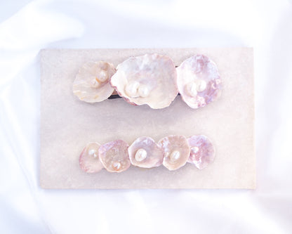 Two Jingle Shell Pearl Hair clip. pearly shell Hair Clip Barrette on stone displayed, Boho Seashell Beach Clip from Portugal, Handpicked Real Shells, Seashell Hair Decoration, Bohemian Seashell Wedding Hair Assocciares, Coastal Christmas gift, Beach Wedding Hair