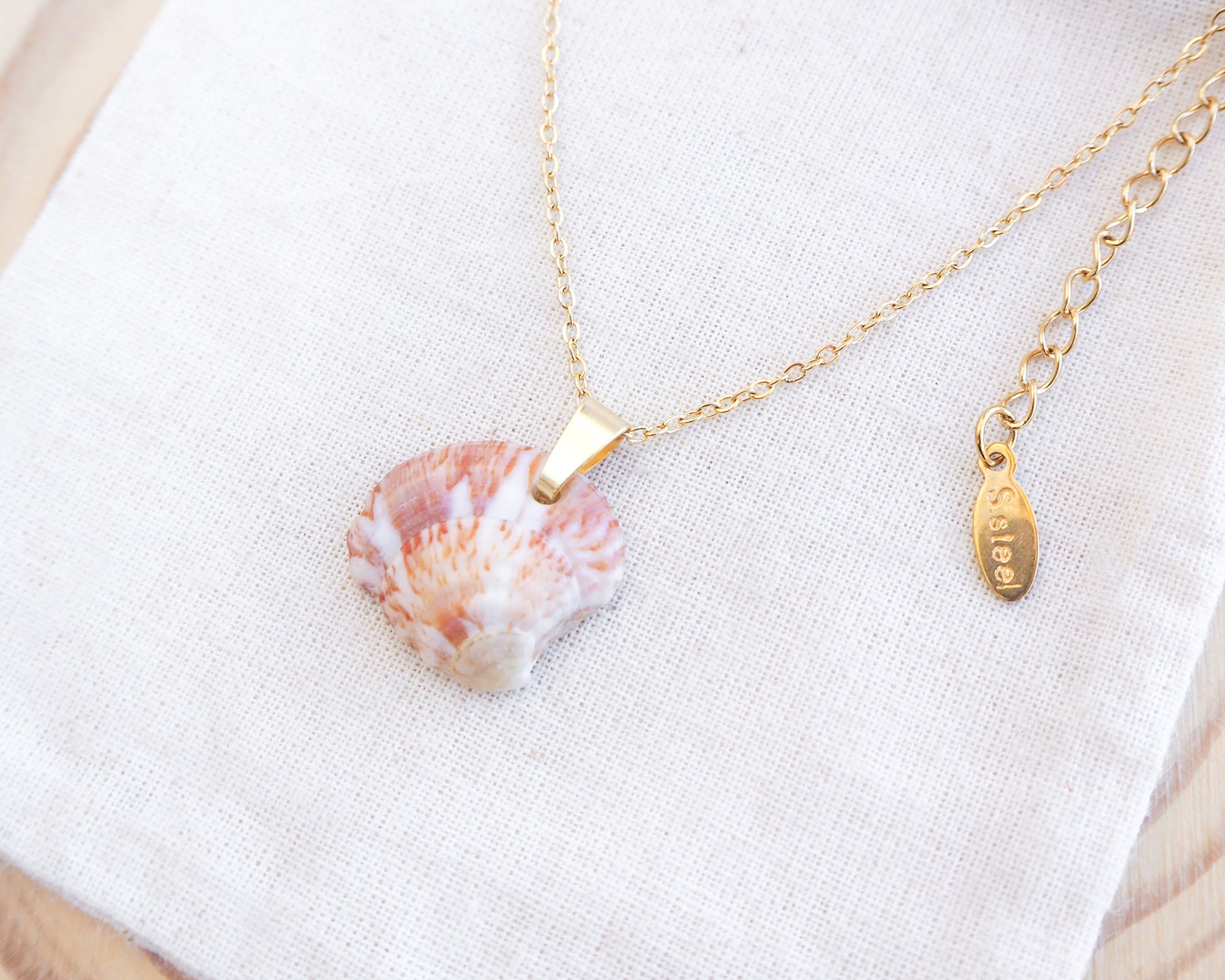 Strawberry Venus Shell Necklace Gold on display left view, unique shell from Portugal