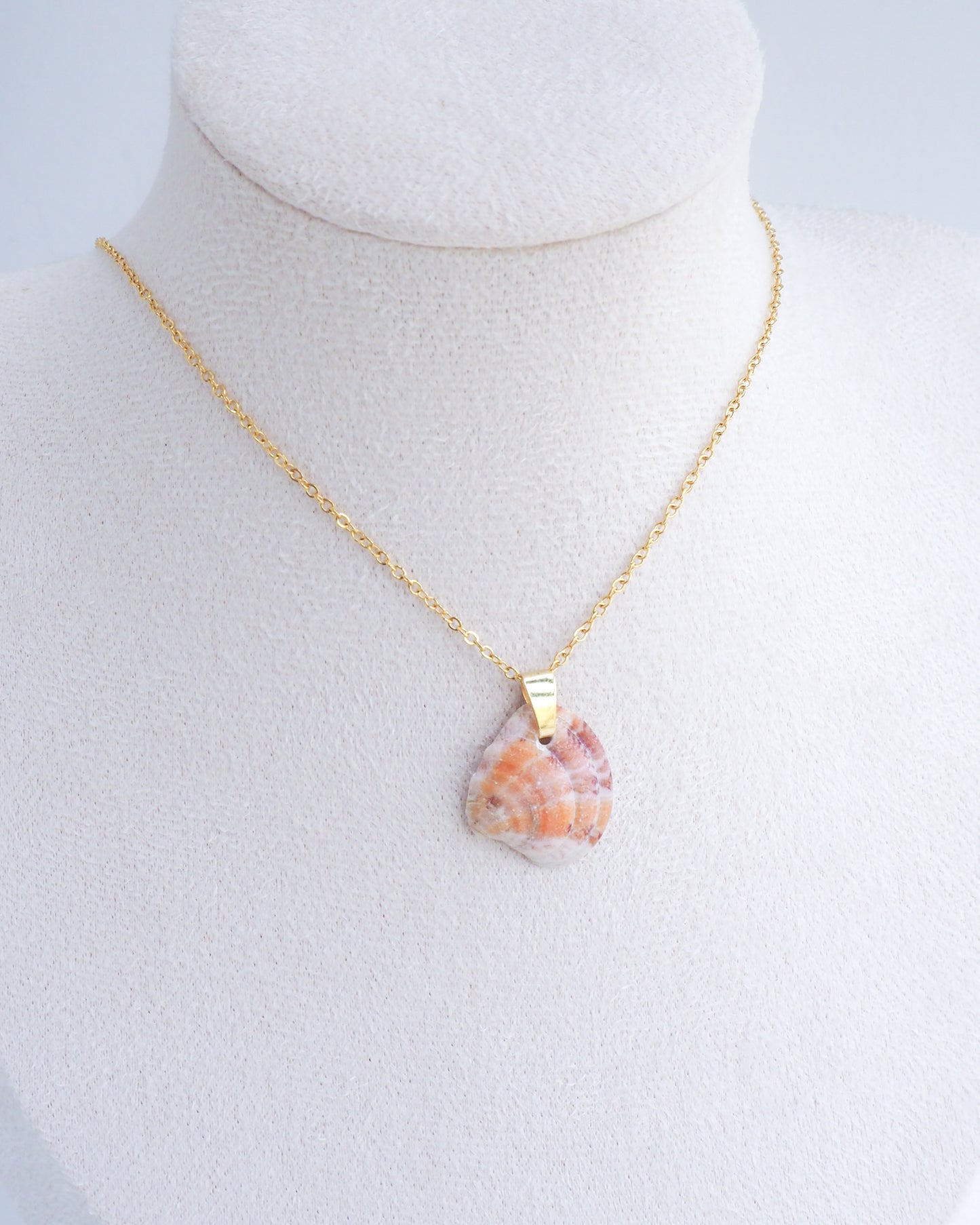 Neck display with unique pattern Orange Fuchsia Venus Shell Gold Necklace 