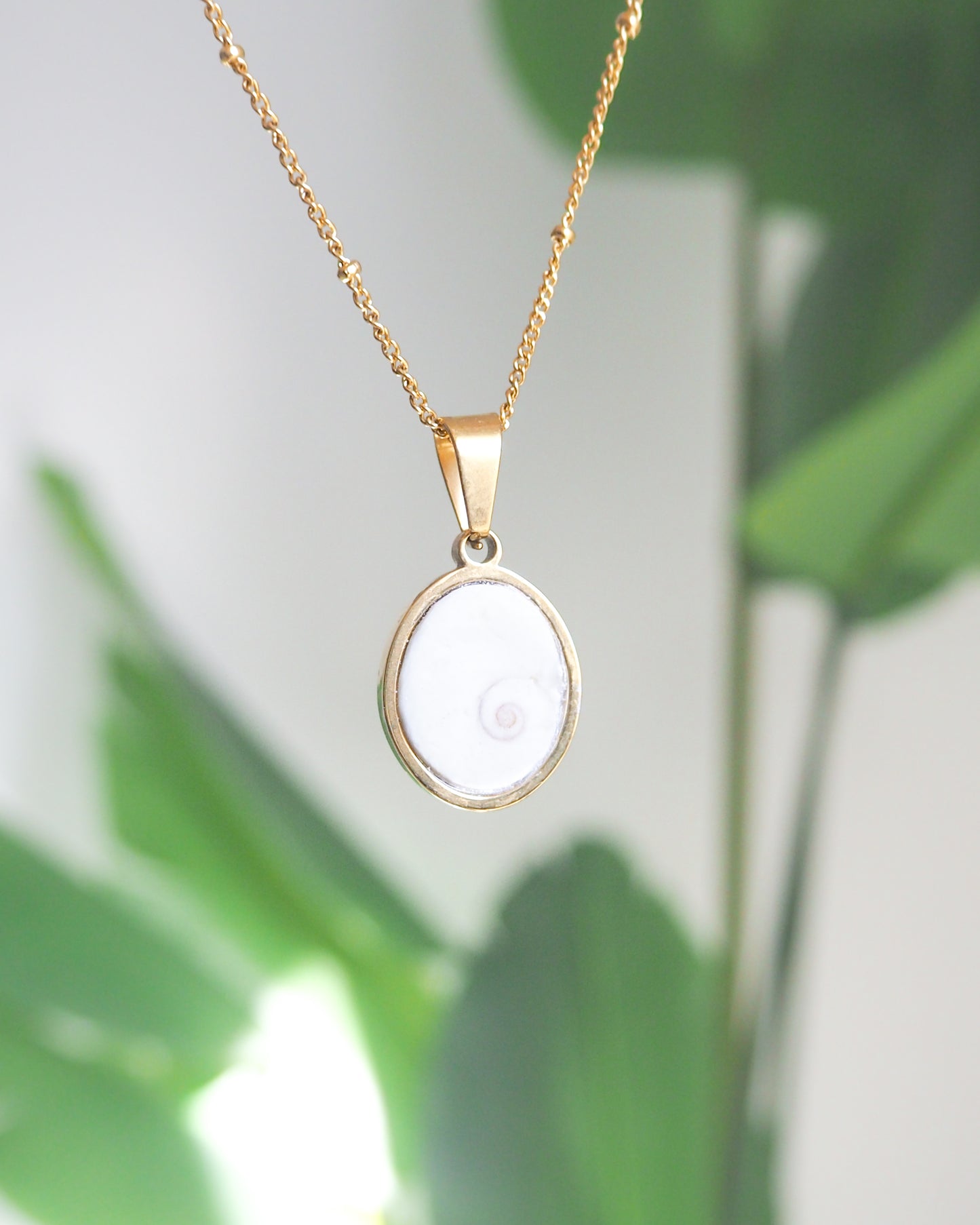Front view of White Eye of Saint Lucia Gold Necklace with green plant background 18k gold stainless steel shiva eye pendant necklace, Saint Lucy Eye, operculum pendant