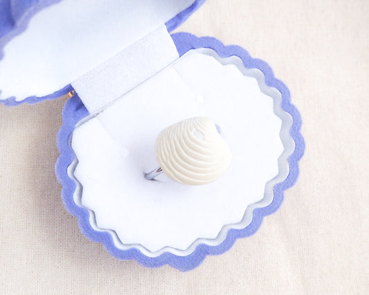 Tiny White Venus Shell Silver Ring displayed in seashell jewelry box, Handpicked real white venus shell from Portugal, silver stainless steel shell ring