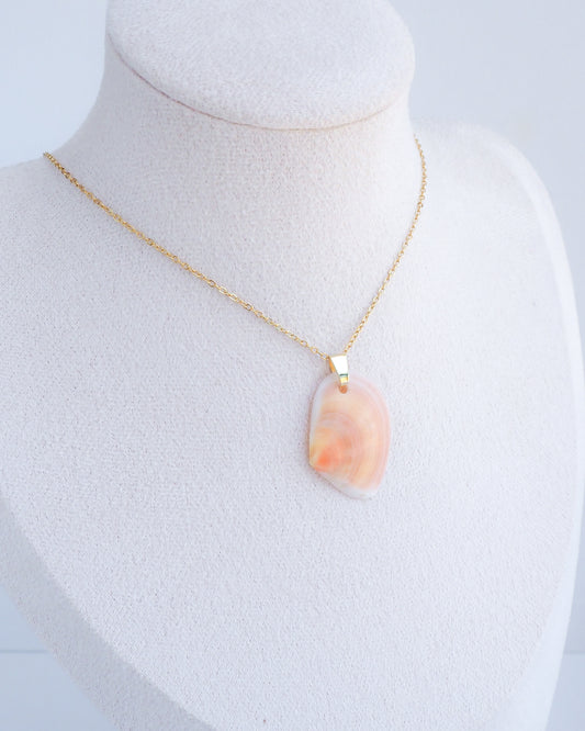 Necklace with a peach shell pendant on a mannequin bust against a white background