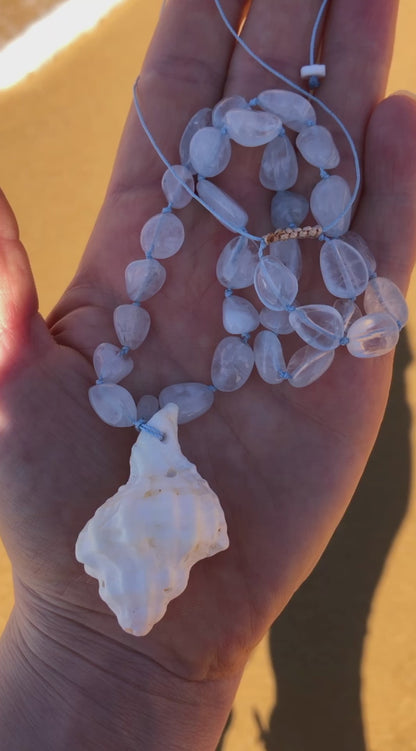 SEASHELL NECKLACE ~ Big Murex Shell with Aquamarine Gemstones