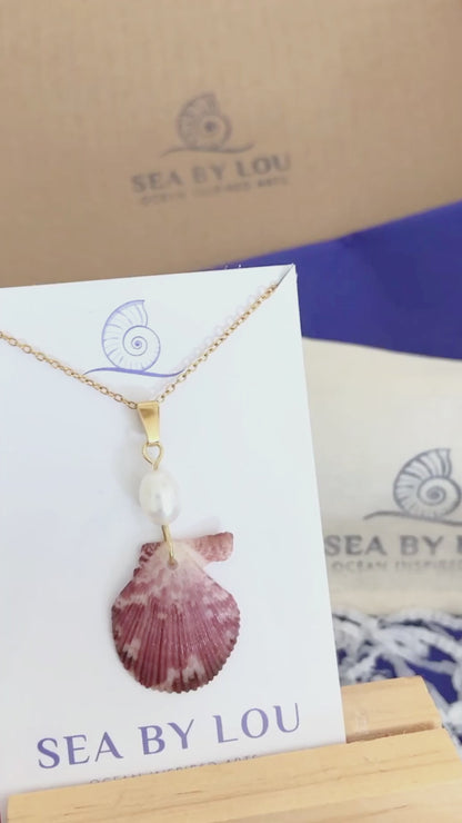 SCALLOP SHELL PEARL NECKLACE ~ Bordeaux Scallop with Ivory White Pearl