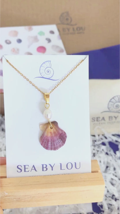 TINY SCALLOP SHELL PEARL NECKLACE ~ Raspberry fuchsia with Ivory White Pearl