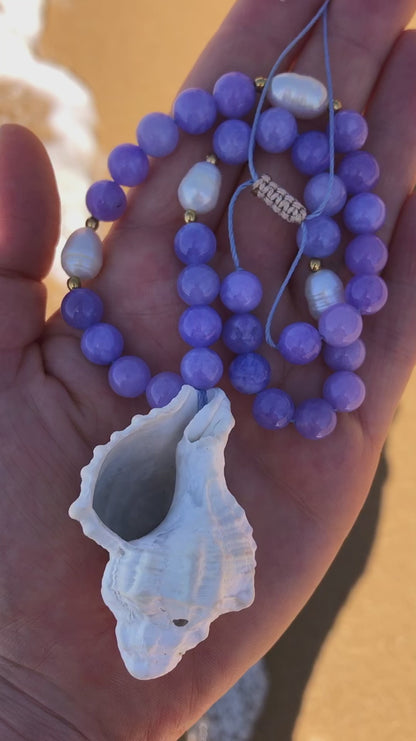 SEASHELL NECKLACE ~ Big White Murex Shell with Pearls and Angelite Gemstones