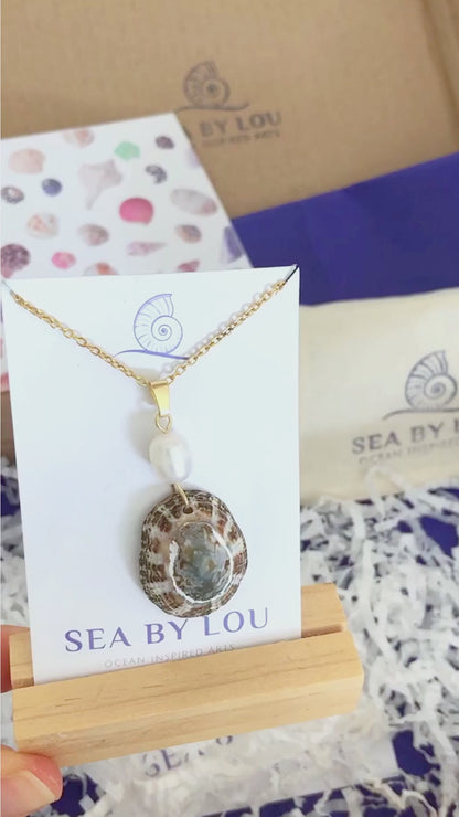 GOLD LIMPET SHELL PEARL NECKLACE ~ Rustic Limpet Ivory Pearl